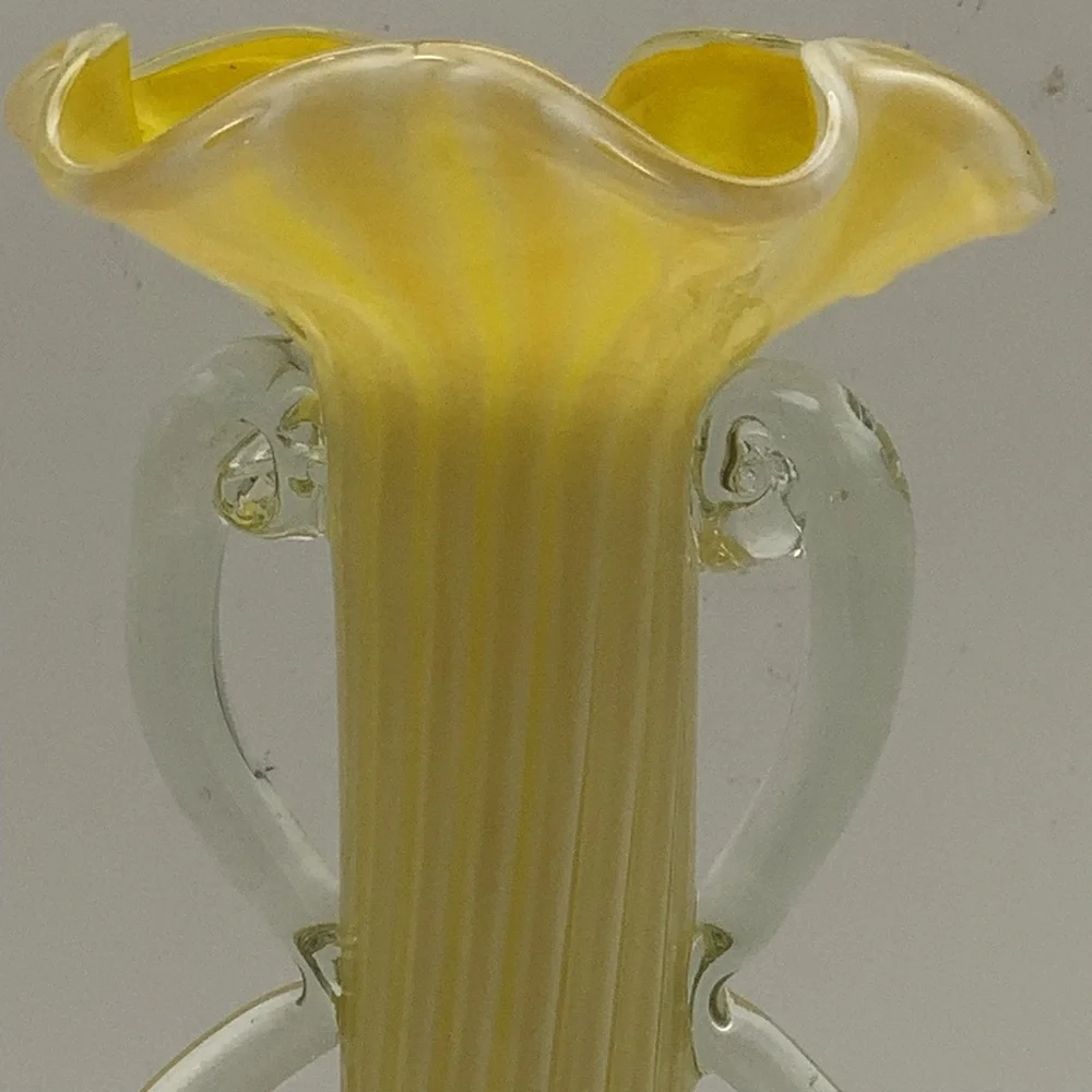 Vintage Murano Style Handblown Yellow and Clear Swirl Glass Vase